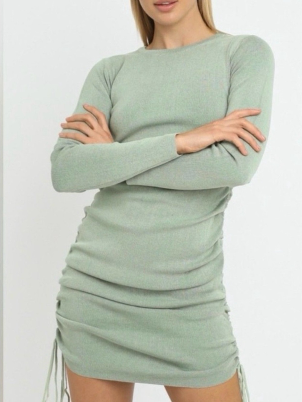 REVOLVE Lioness Sage Green Rib Knit Ruched Drawstring Midi Bodycon Dress Size L